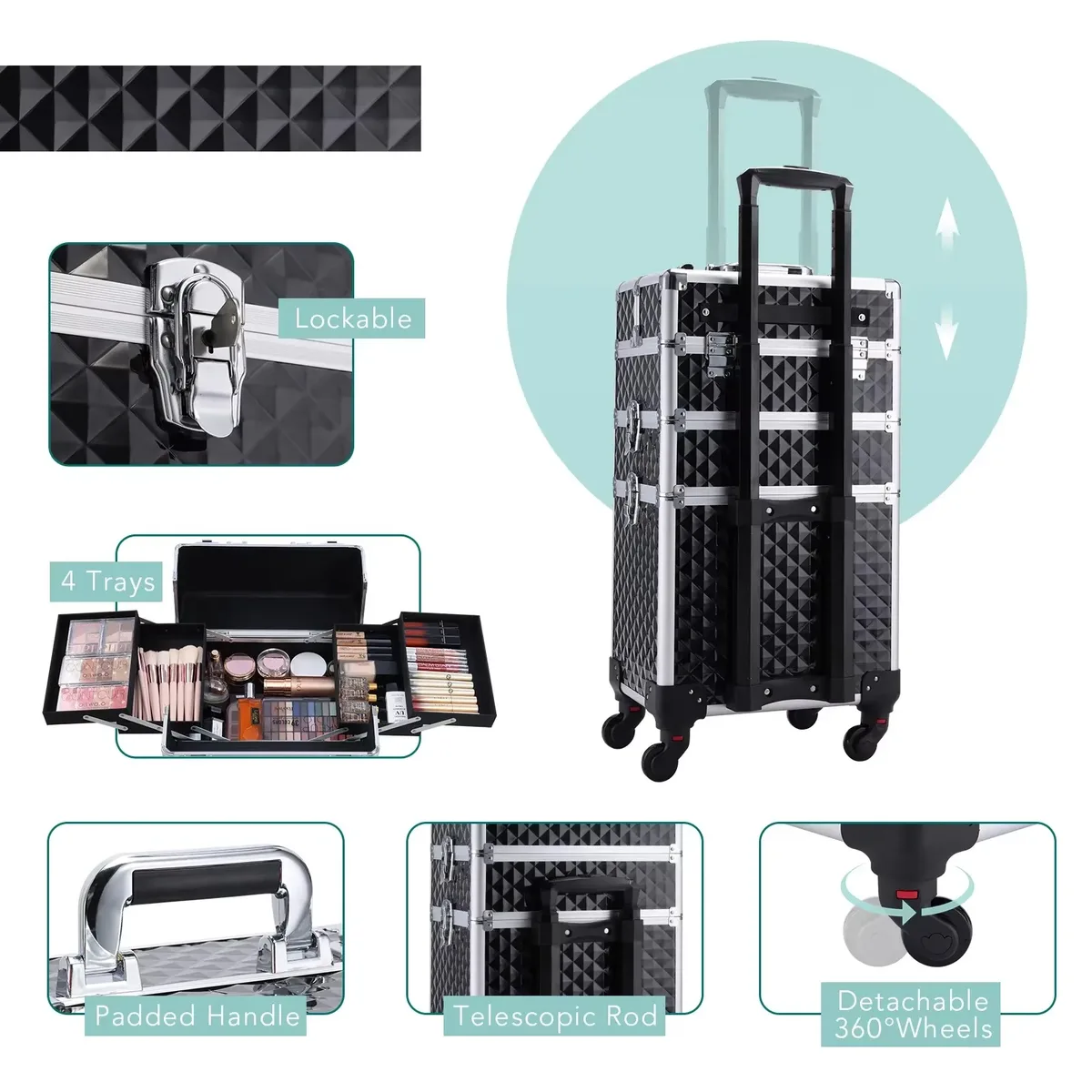 trousse de maquillage roulante 3 en 1, trousse de maquillage amovible, étui de cosmétologie sur roulettes, chariot de maquillage verrouillable de grande capacité pour salon