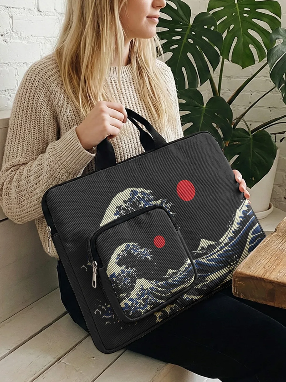 hokusai the great wave sac à main pour ordinateur portable avec poche supplémentaire, étui antichoc pour ordinateurs portables de 13 à 15,6 pouces