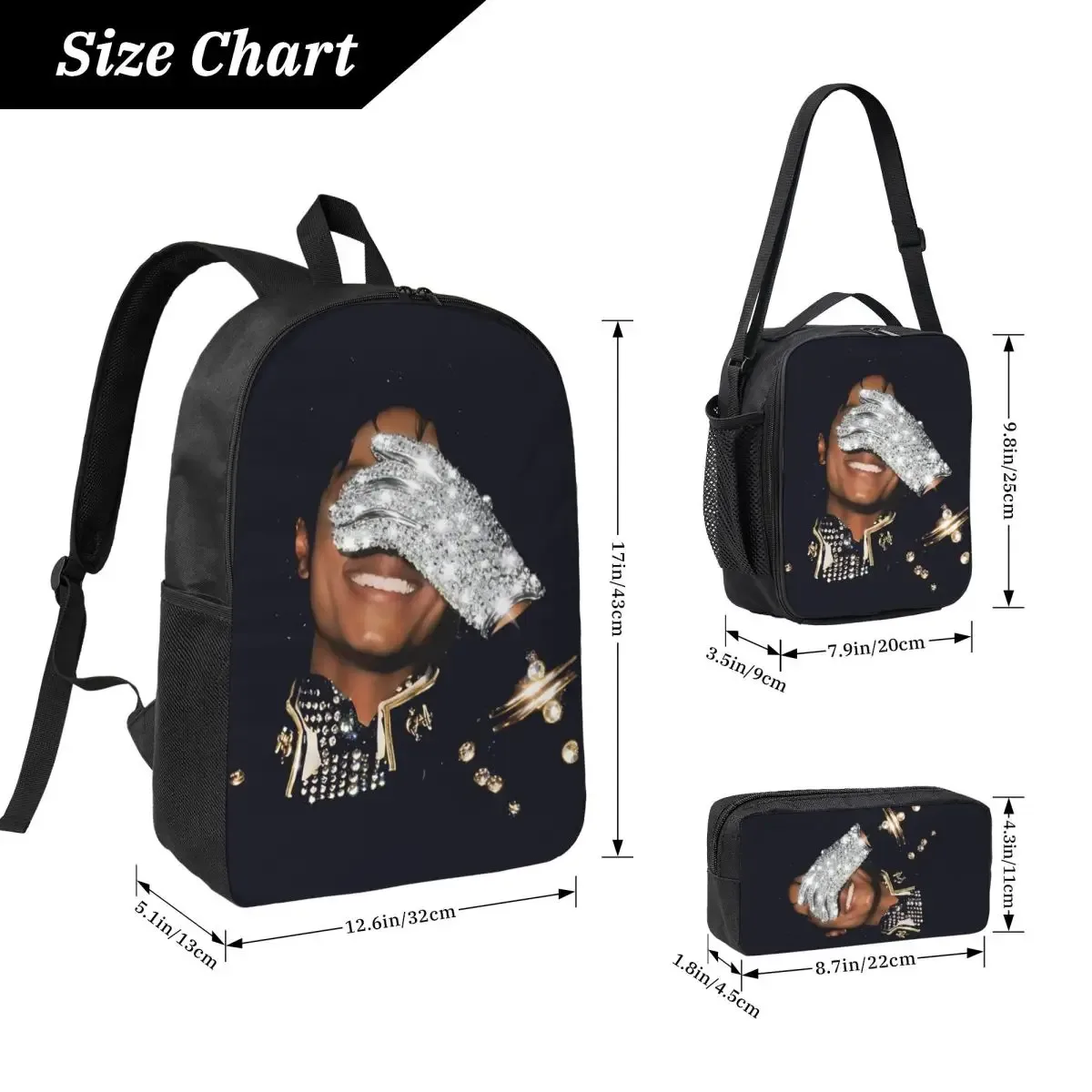 sac à dos mj pop legend music 3 pièces/ensemble pour étudiant, sac à bandoulière, sac à déjeuner, trousse à crayons
