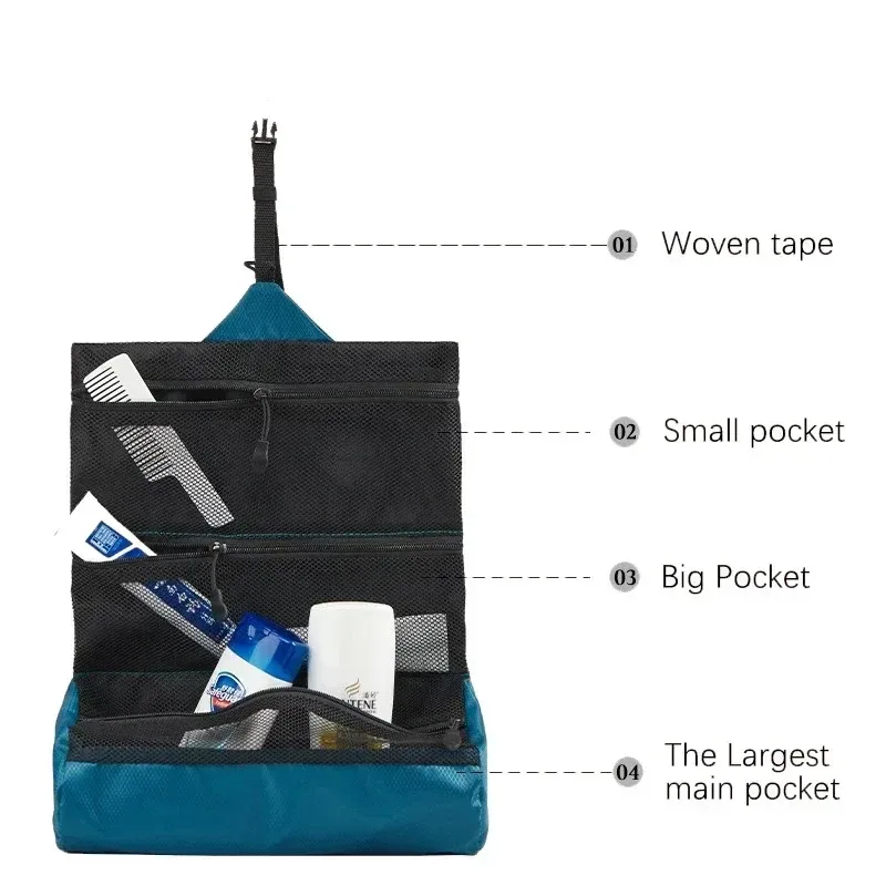 trousse de toilette pliable de voyage pour hommes, pochette de rangement de lavage portable avec séparation sèche et humide, trousse de maquillage étanche pour femmes