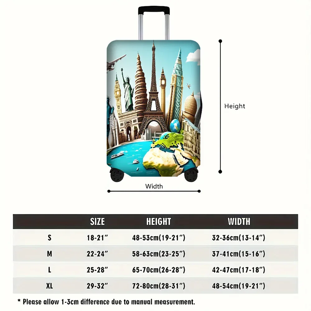 housse valise polyester monde monuments tour eiffel statue liberté big ben petronas twin towers bleu doré vert gris protection voyage