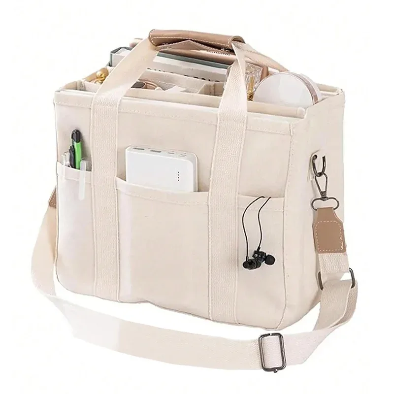 sac à main en toile décontracté pour femmes, fourre-tout multi-poches de grande capacité, bandoulière réglable, sac de shopping décontracté