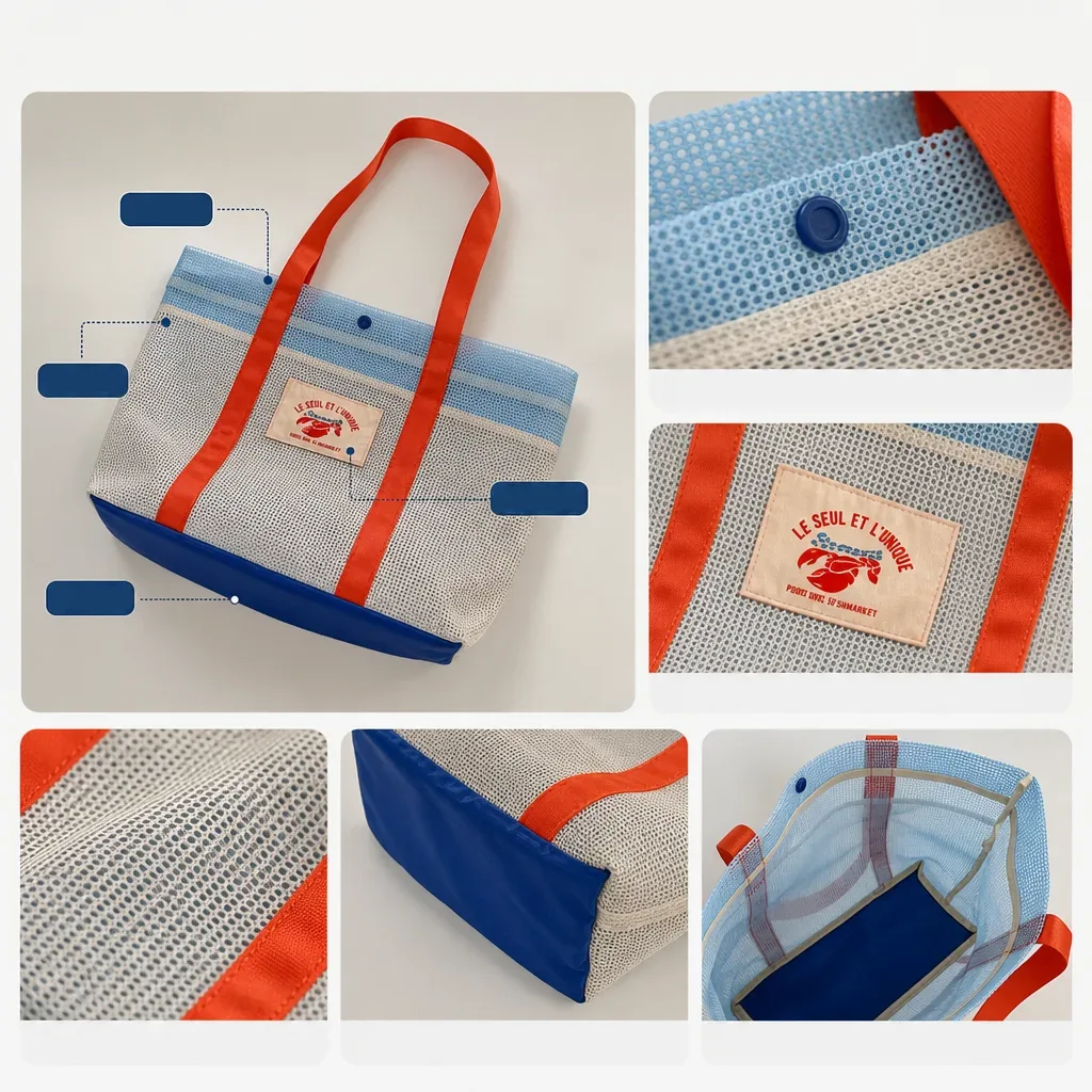 sac de plage grande capacité, résistant au sable, en maille, pour la plage, la piscine, les voyages, sac de rangement, design multi-poches, essentiel pour les vacances en famille
