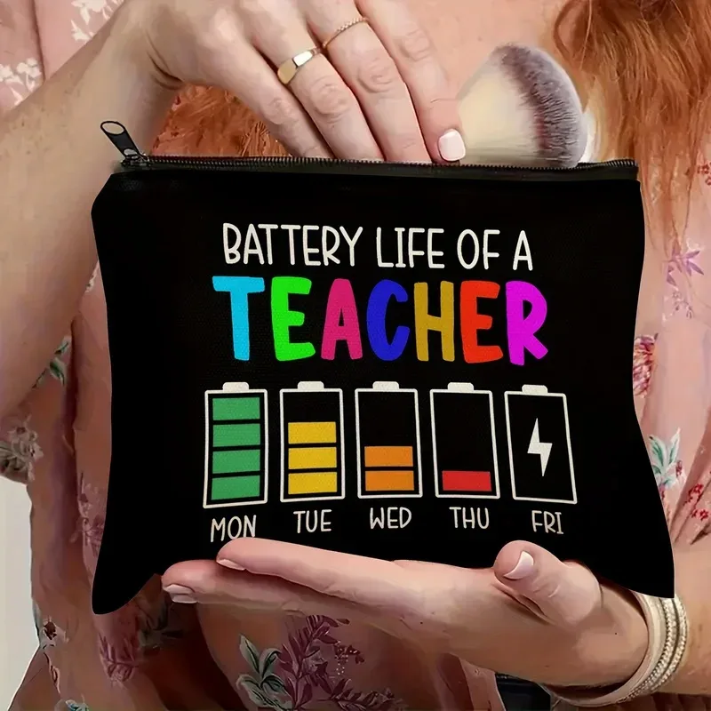 trousse de maquillage sur le thème des enseignants, avec un motif amusant illustrant la durée de vie de la batterie, fermeture éclair résistante, idéale pour les produits de beauté, les fournitures scolaires, les collations, pour les enseignants.