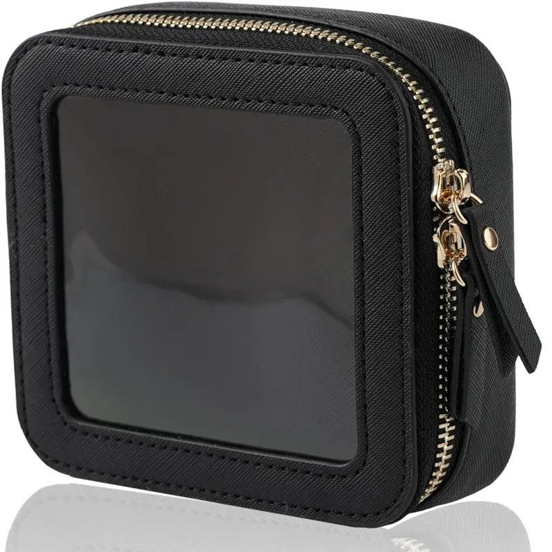 mini trousse de maquillage en cuir pu saffiano, avec initiales de nom personnalisées gratuites, jolie petite fenêtre visible, rangement de rouges à lèvres, étui à cosmétiques