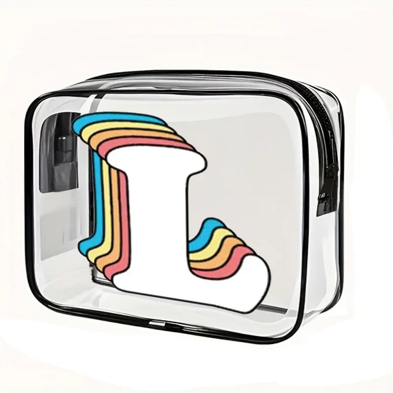 organisateur voyage cosmétiques pvc translucide poignée noire motif arcs-en-ciel lettre grande capacité format tonneau sac compression