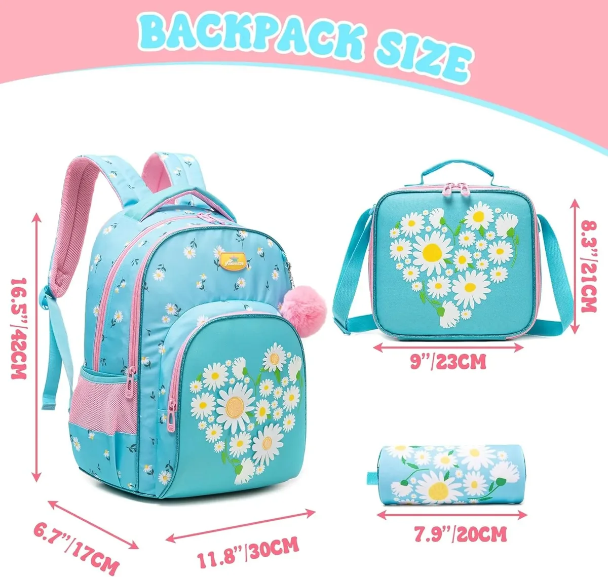 3 pièces sac à dos pour enfants fleur filles bookbag ensemble avec boîte à déjeuner primaire collège sac à dos pour voyage retour à l'école approvisionnement