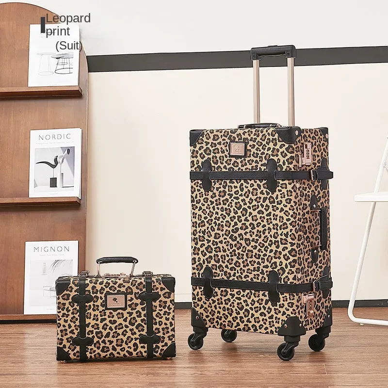 valise à roulettes en cuir imprimé léopard pour femmes, bagage rétro tendance, coffret d'embarquement de 20 pouces, valise étanche avec mot de passe