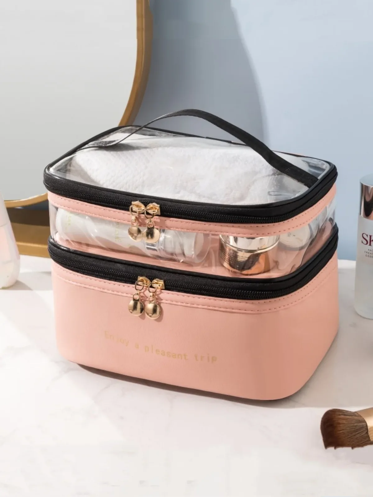 sac à cosmétiques portable de grande capacité, sac de toilette double transparent, sac de maquillage étanche, sac de rangement de voyage