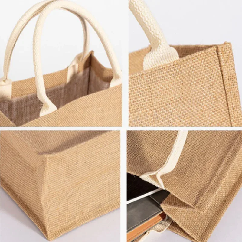 sac fourre-tout en lin vintage pour femmes, sacs à main de plage d'été, sac de bricolage rétro, sac à cuillère portable, sac à provisions multiple top foy