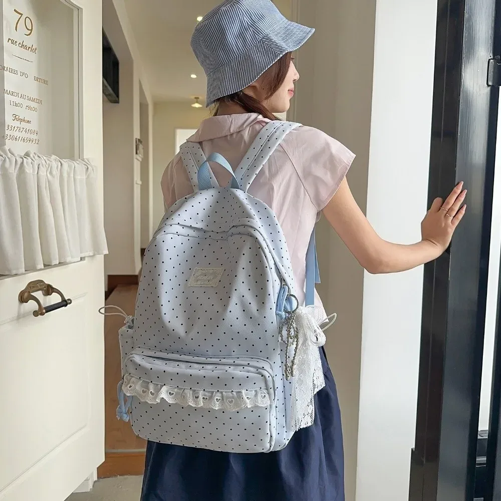 sac à dos de voyage à pois tendance avec dentelle, sac d'école en nylon pour étudiants, grande capacité, multi-poches, sac à dos pour ordinateur portable