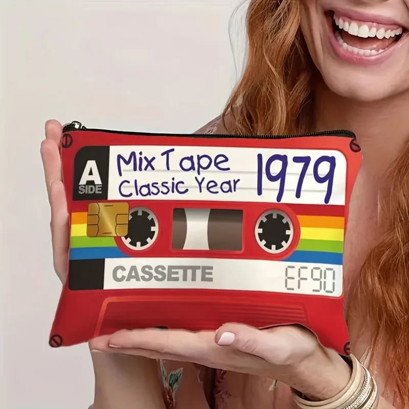 trousse de toilette de voyage pliable, style mixtape rétro, vintage, conception de ruban à cassette | pochette de rangement légère pour maquillage à fermeture éclair