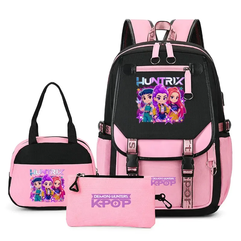 sac à dos kpop demon hunter pour adolescents, cartable de grande capacité, 3 pièces/ensemble avec sac à lunch pour femmes, étudiants, décontracté, confortable, pour voyage, mochilas