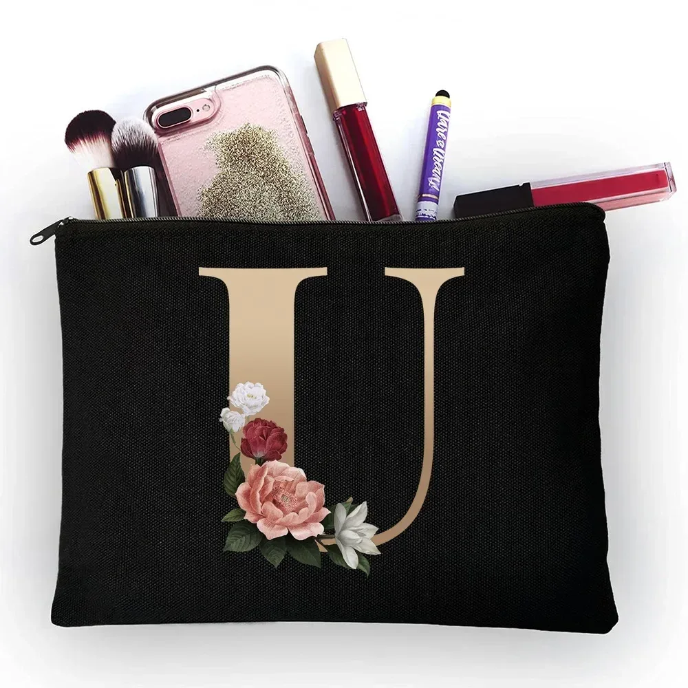 trousse de maquillage pour filles, sac de rangement classique à motif de lettres dorées, pochettes pour sacs de voyage, pochette à cosmétiques pour femmes