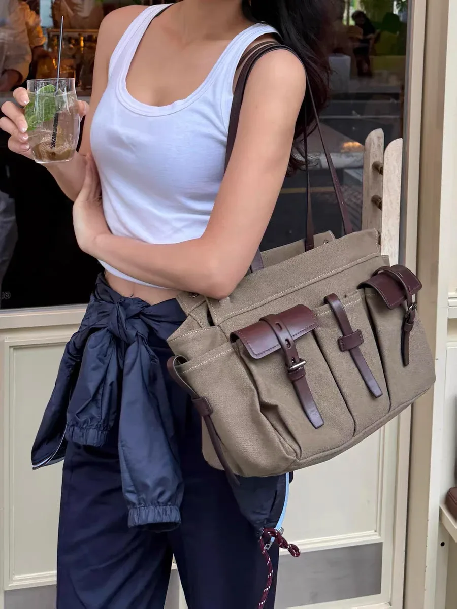 sac fourre-tout de luxe en toile et cuir multi-poches, sac à bandoulière vintage pour femme avec fermeture éclair, sac à main style motard, léger