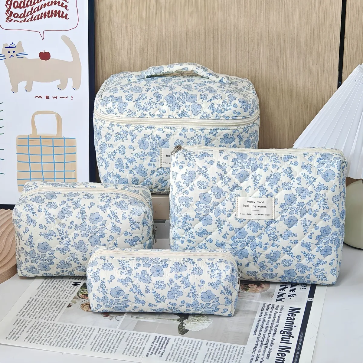 trousse de maquillage à imprimé floral de grande capacité, sac de rangement de cosmétiques de voyage portable, sac de style urbain simple avec doublure en polyester pour femmes