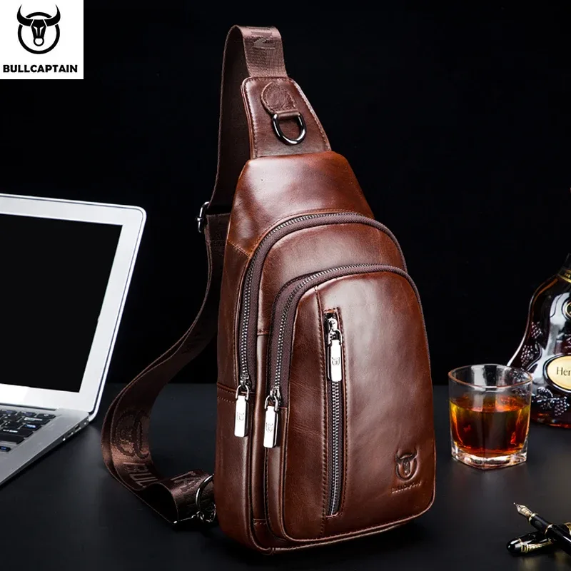BULLCAPTAIN-Sac de poitrine en cuir véritable pour homme, sac à bandoulière multifonctionnel, sac de poitrine de musique, mode loisirs