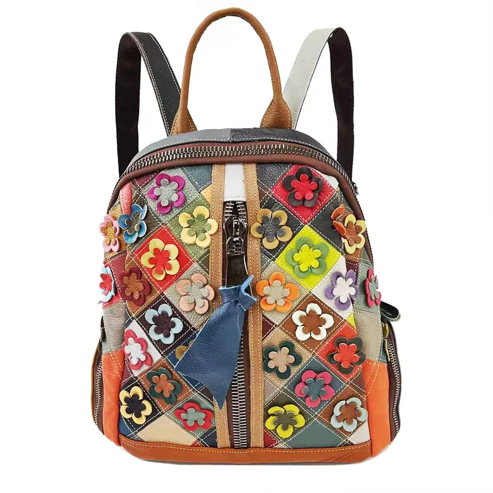 sac à dos en cuir véritable pour femme, motif floral, cartable de voyage pour dames, nouvelle collection 2025