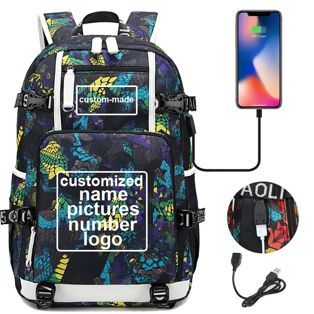 sac à dos en toile pour hommes et femmes, imprimé personnalisé, avec photo ou logo, pour enfants, garçons et filles, usb, pour ordinateur portable, grand sac de voyage