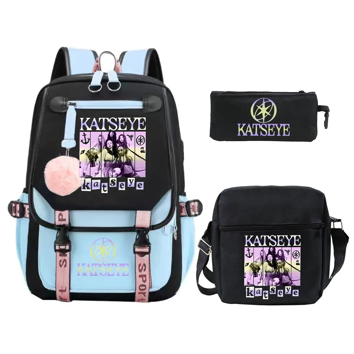 sac dos toile noire bandes violettes accents roses logo katseye dessin animé trousse petit sac bandoulière usage étudiante adolescente voyage école