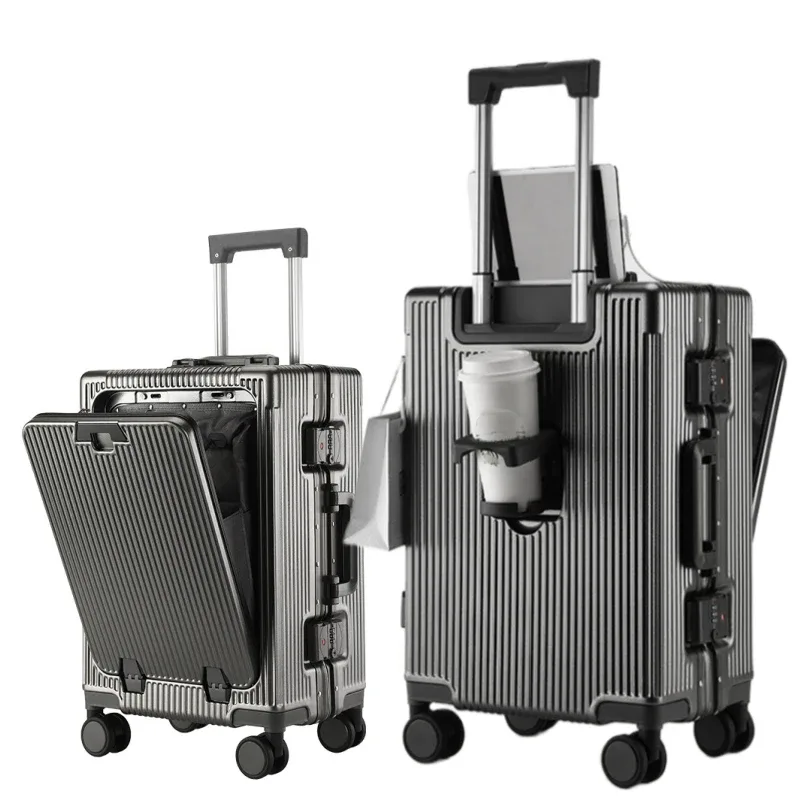 Valise à cadre en alliage d'aluminium, poche d'ouverture avant avec prise de chargement USB, sac de boîtier de chariot à bagages roulant avec roue rotative