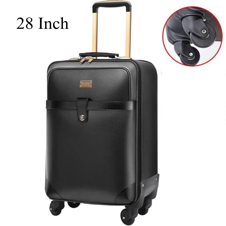 valise carrée cuir marron accents dorés roulettes quatre coins ceinture maintien intérieur marron affaires voyage