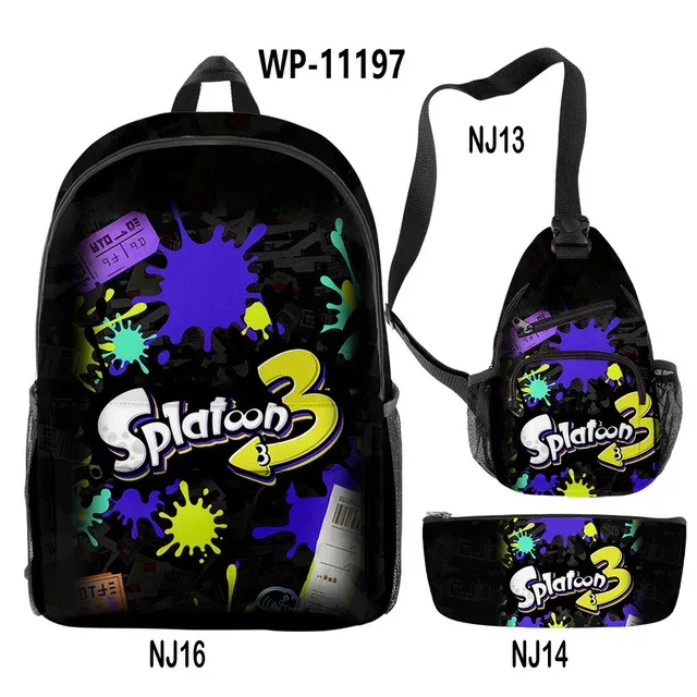 splatoon-sac à dos pour ordinateur portable, sac à bandoulière incliné, trousse à crayons, sac à dos pour 3 élèves, jeu de mode créatif, ensemble de 3 pièces