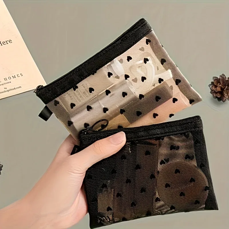 trousse à cosmétiques transparente en forme de cœur, lot de 2, beige et noir, pliable avec porte-rouge à lèvres, organisateur de petits objets portable pour voyage, sac de rangement multifonctionnel