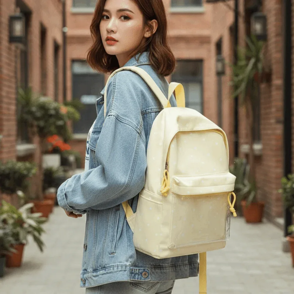 sac ita de style japonais avec fenêtre transparente, grande capacité, sac à dos transparent, fermeture éclair, léger, motif à pois, sac à dos pour les trajets quotidiens.