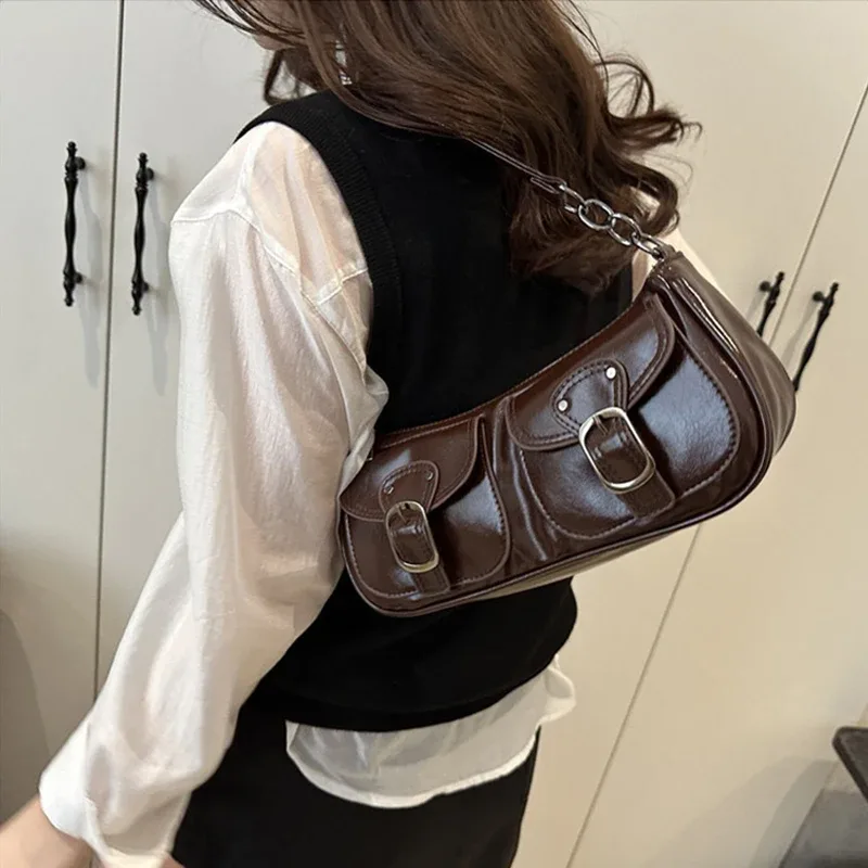sac à bandoulière en cuir pu pour femmes, petit sac à double poche, sacs sous le bras pour dames, sacs à main vintage y2k, pochette