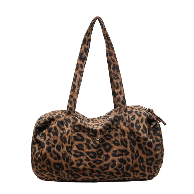 sac à bandoulière en toile imprimé léopard, grande capacité, fourre-tout à poignée pour les déplacements quotidiens, sacs de rangement à texture polyvalente