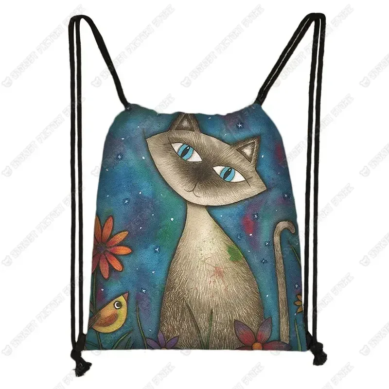sac à dos de voyage en toile avec motif de chat pour femme, sac de rangement, sac de proximité, joli, mignon, chat de dessin animé, image imprimée, mode