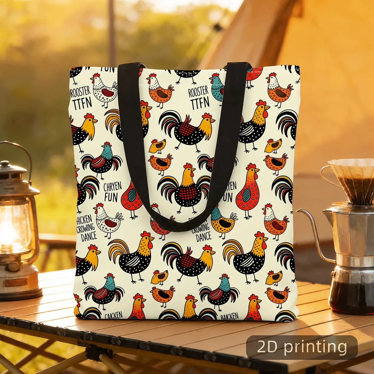 sac fourre-tout en toile esthétique avec motif d'animaux de la ferme, coq, poule et poussin colorés imprimés sur toute la surface, sac à main réutilisable pour femmes.