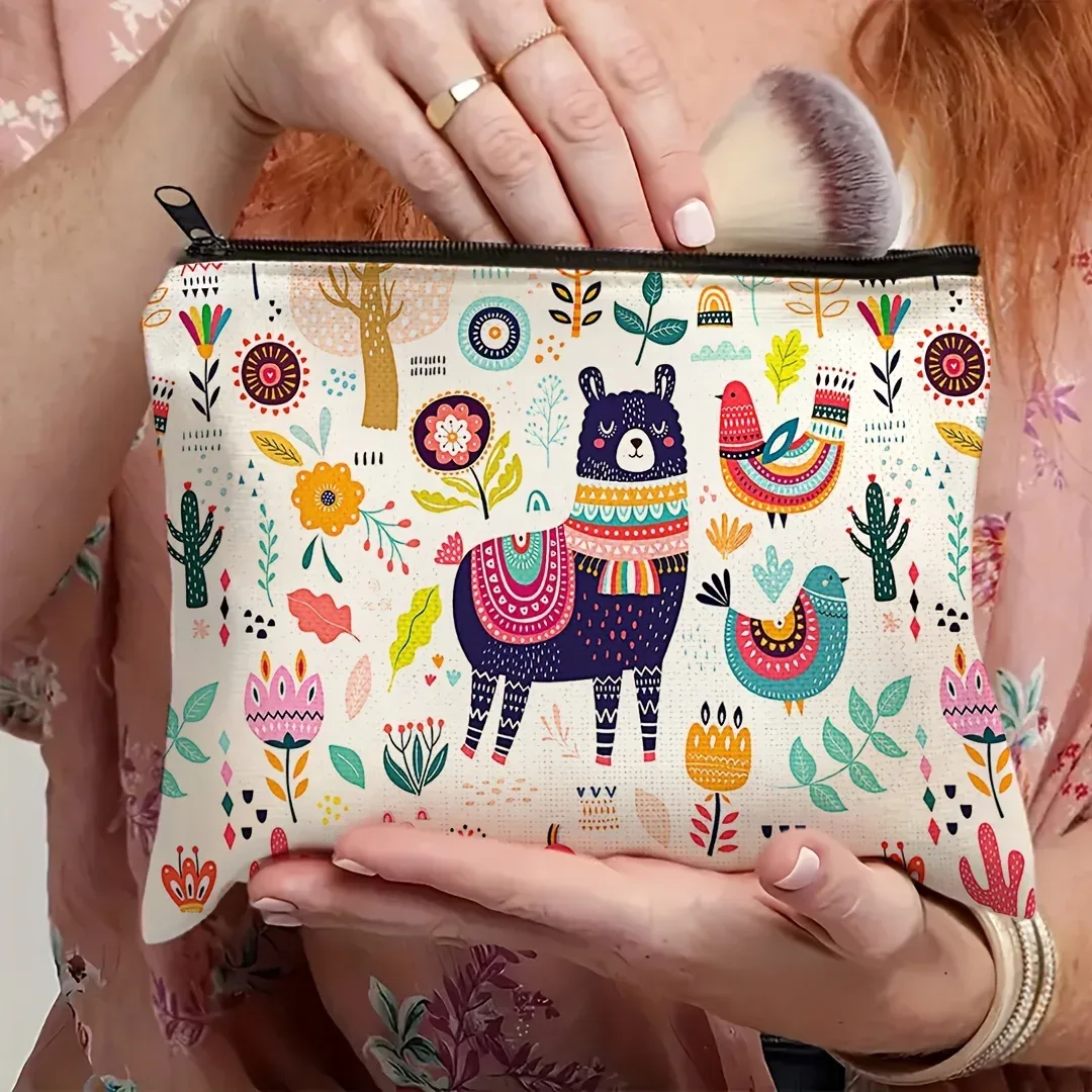 trousse de maquillage à imprimé animal fantaisiste, 1 pièce, organisateur de cosmétiques de voyage de grande capacité avec fermeture à glissière, lama et designs mignons