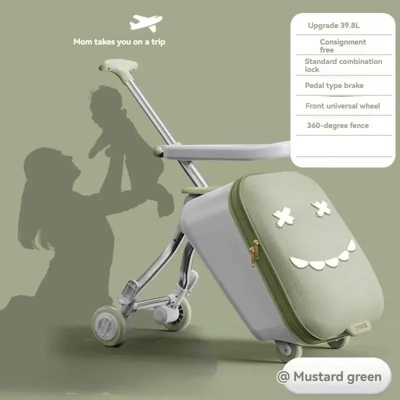 valise chariot enfant boisserie amovible tissu doux vert clair visage souriant voyage jeu éducation transport