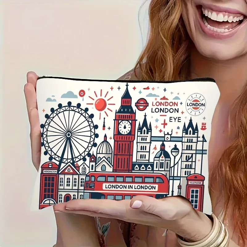 modèle de construction de londres, trousse de maquillage de voyage multifonctionnelle, sac de collation d'urgence, sac de rangement durable à fermeture éclair en polyester,