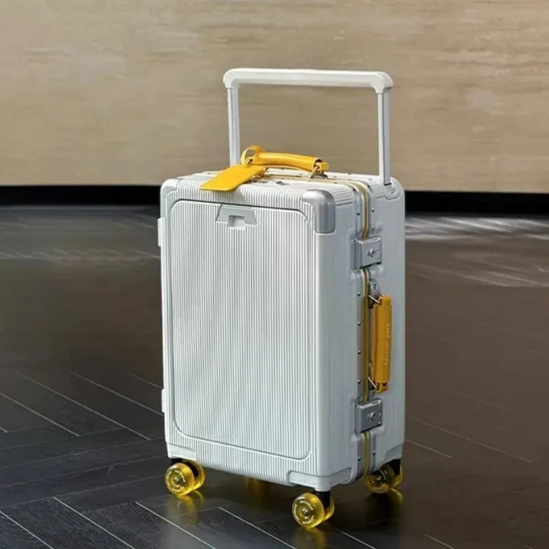 valise à roulettes de poche à ouverture avant, cadre en aluminium, valise à roulettes à poignée large avec roues silencieuses colorées et prise de chargement usb