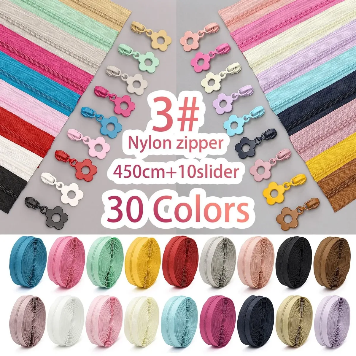 # 3 fermetures éclair en nylon de 4,5 mètres et 10 petits tirettes de fermeture éclair à motif floral, idéales pour le bricolage sur valises, sacs et trousses à crayons