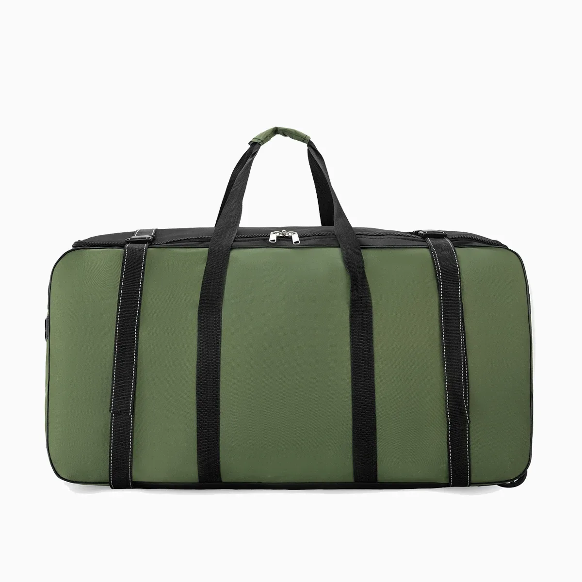 sac voyage polyester vert olive noir bandes stables roues poignées transport grande taille capacité