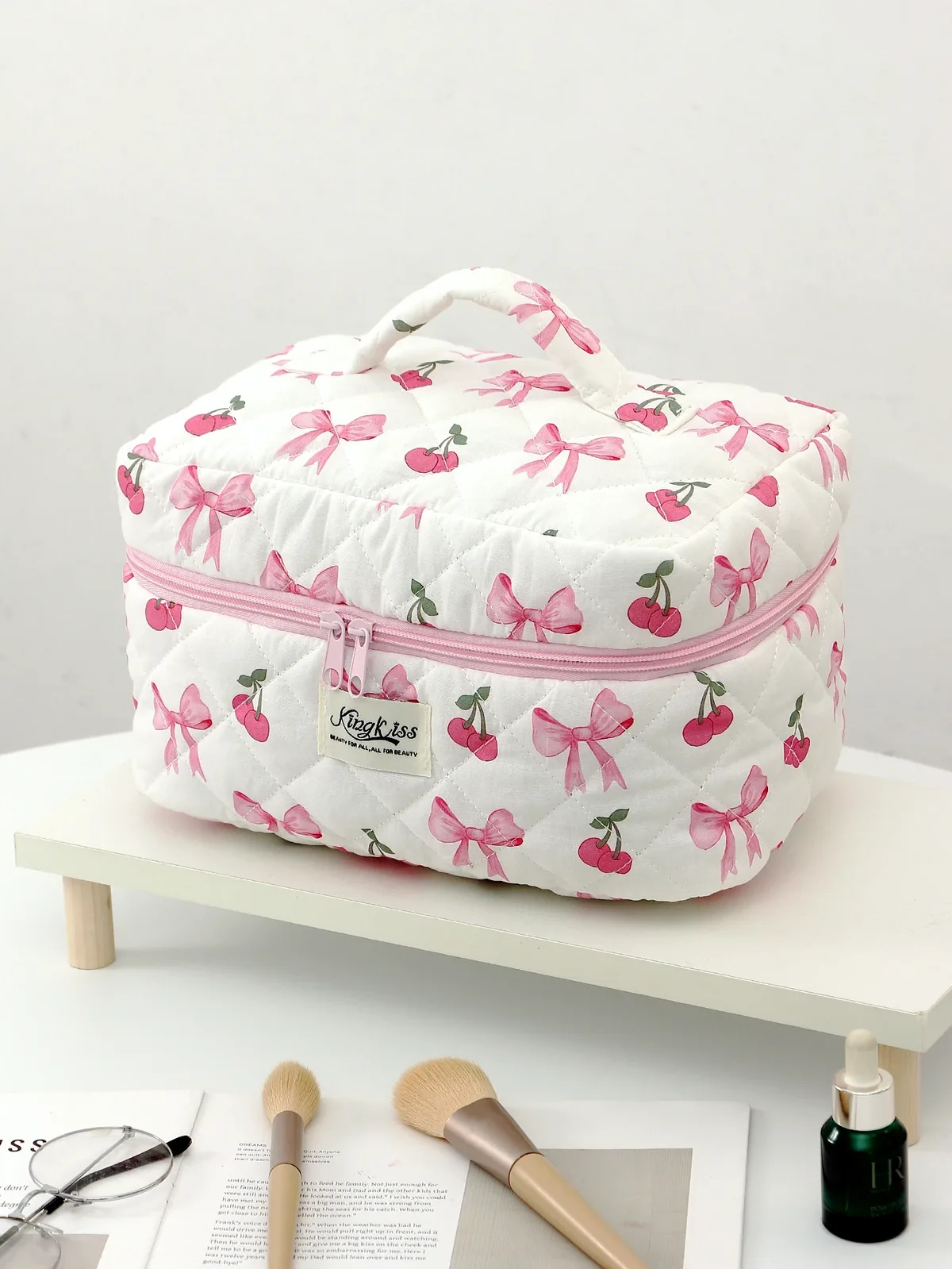 trousse polyester cerises rubans blanc rose voyage cosmétiques maquillage portable matelassée fermeture éclair multifonctionnelle