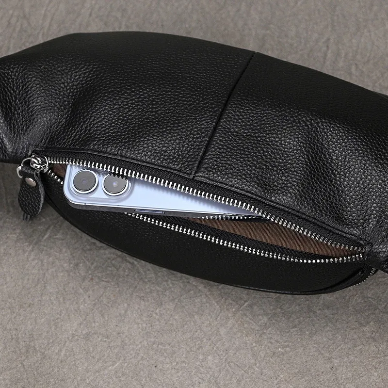 sacs de taille en cuir véritable pour hommes, sac banane, pochette pour téléphone, mini sac de poitrine de voyage, sac à bandoulière, pochette en cuir noir