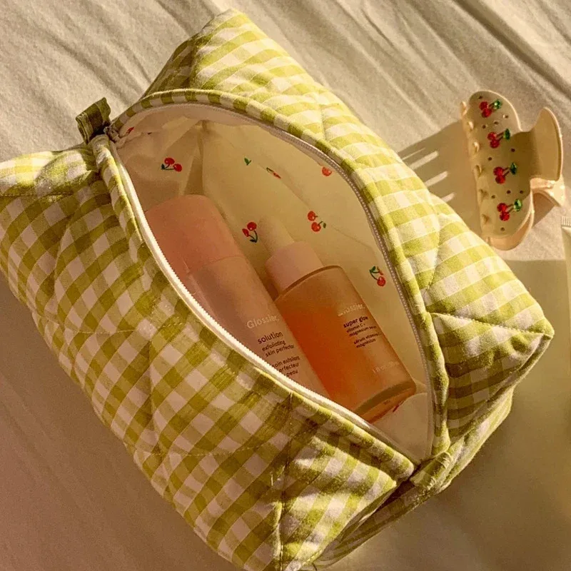 sac de maquillage à fleurs à carreaux, sac de rangement de cosmétiques portable de grande capacité, sac de lavage matelassé en coton, pochette de soins de la peau