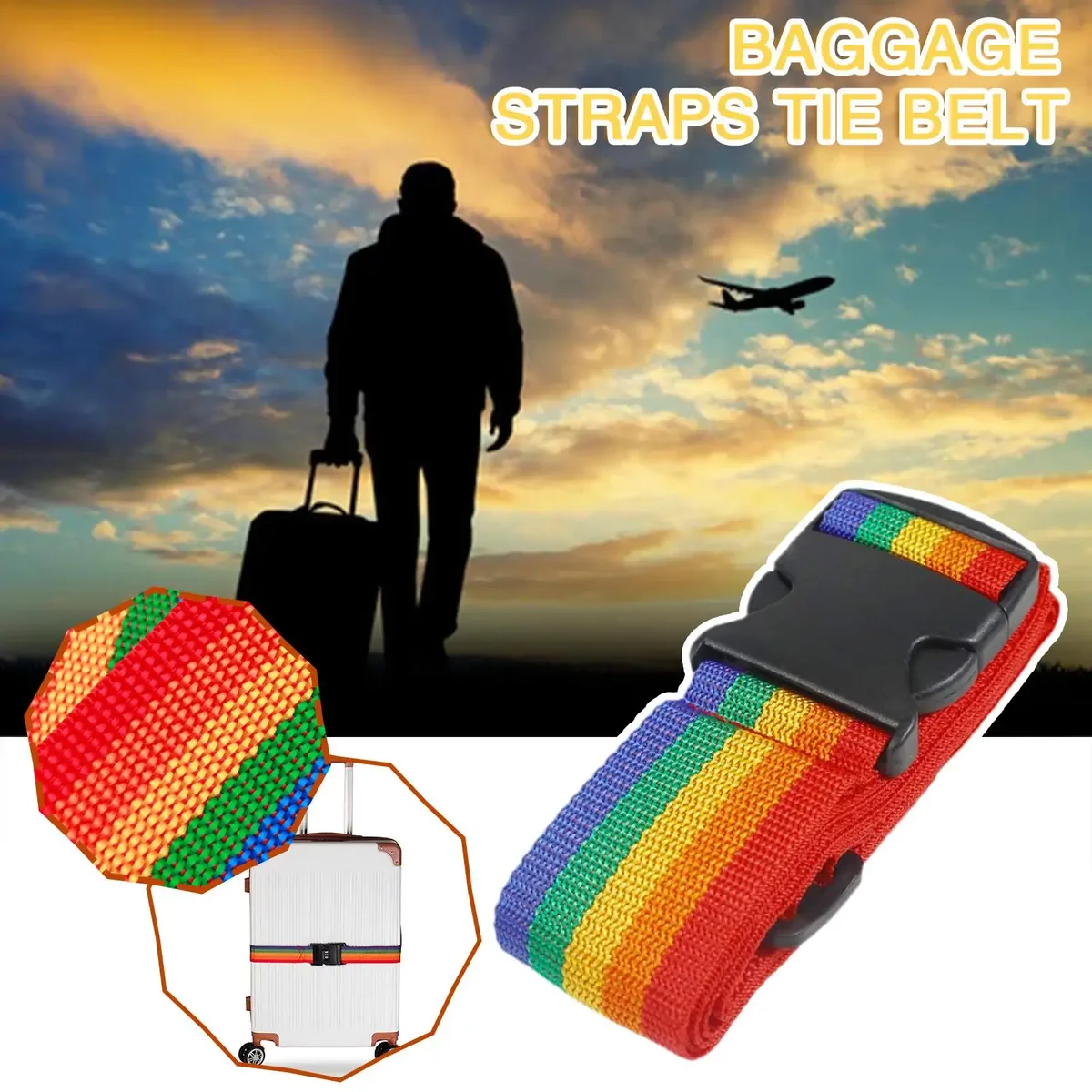 ceinture bagage polyester arc ciel bandes couleur rouge orange jaune vert bleu violet boucle noire transport voyage
