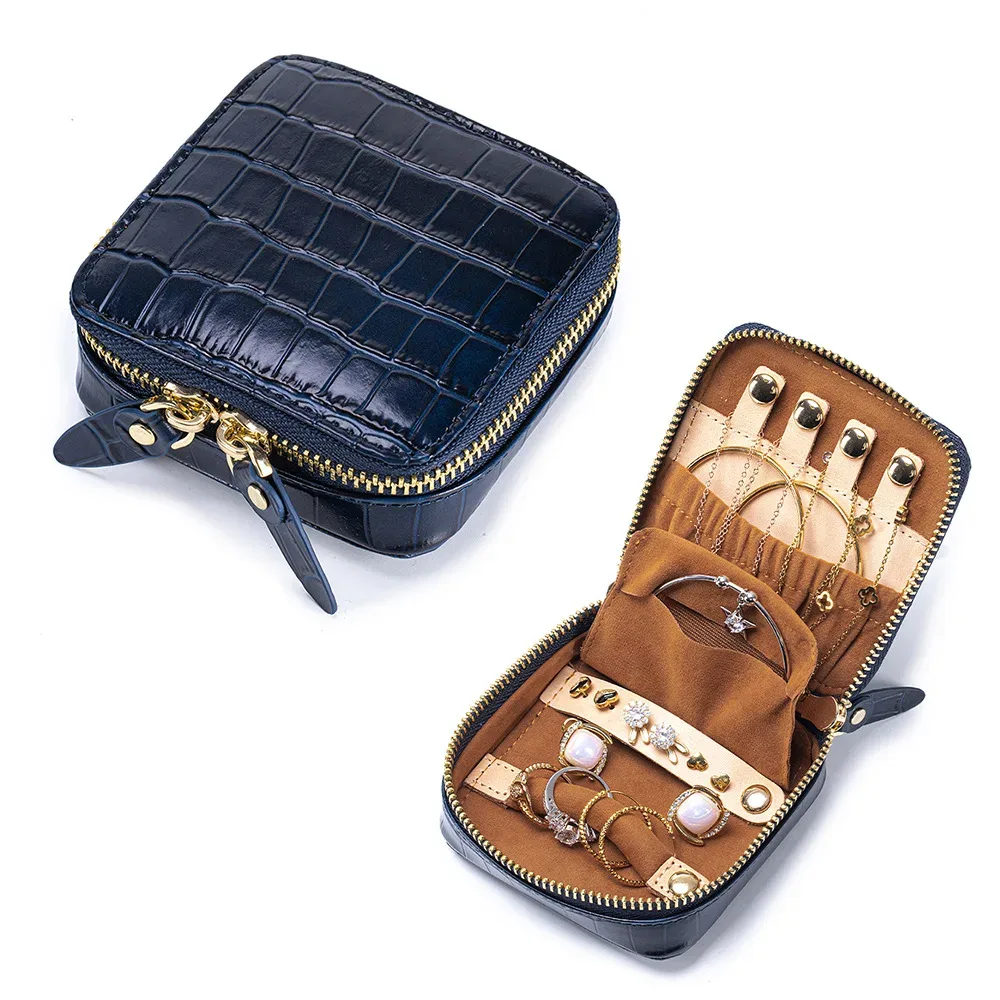organisateur bijoux cuir crocodile marron noir beige velours brun compartiments pliable extensible cosmétiques pliant rangement voyage