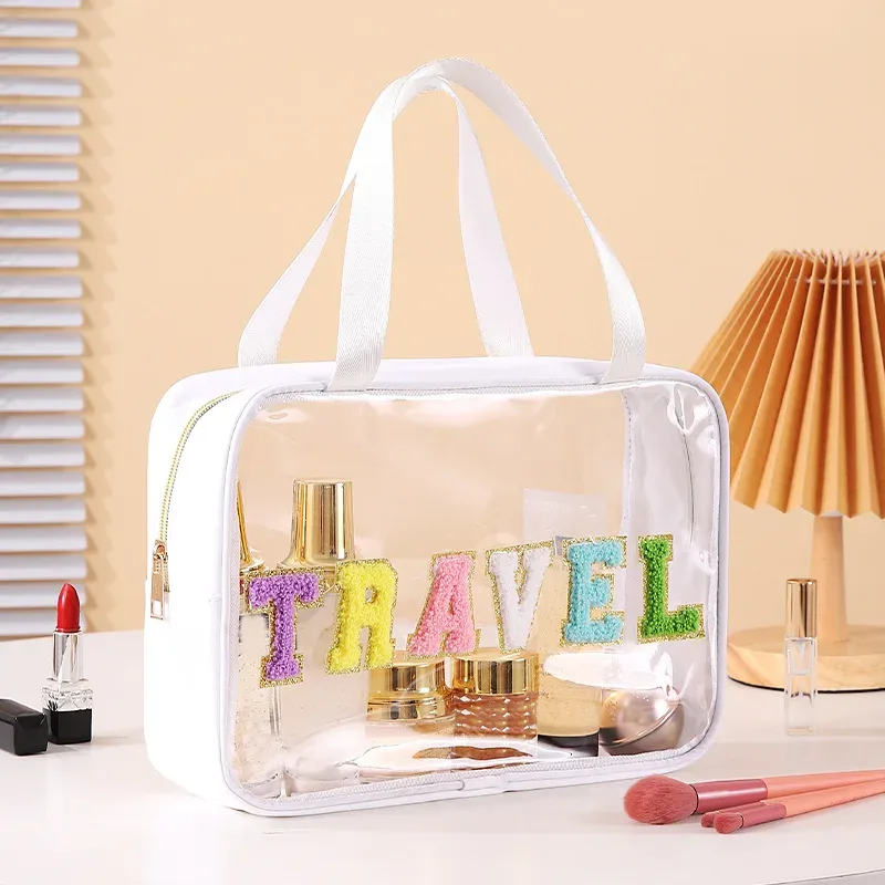 trousse de toilette de maquillage transparente, sacs de bain de plage de natation, sac de lavage de voyage portable, étui à cosmétiques en cuir pu, pvc étanche, nouveau
