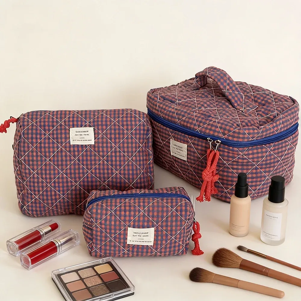 trousse polyester décontractée plaid violet rose orange bleu beige noir géométrique voyage cosmétique toile douce