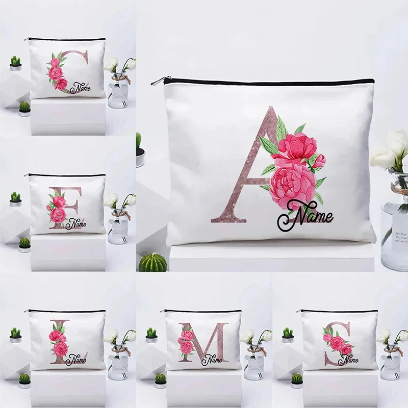 trousse de maquillage personnalisable avec prénom, cadeau de mariage, grande pochette en toile à fermeture éclair, motif floral pivoine, essentiels de voyage, maquillage