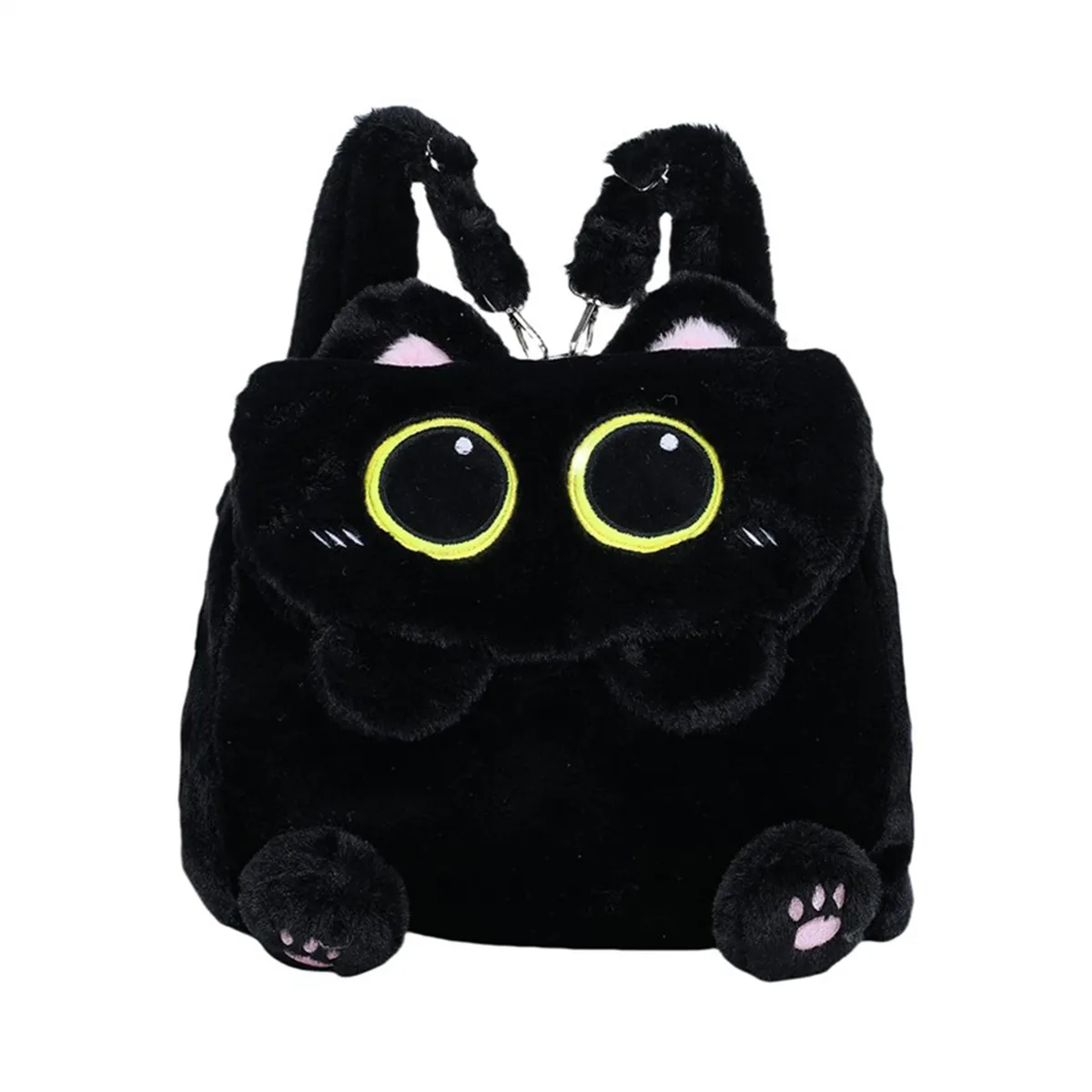 sac à dos en peluche chat noir pour filles, design chaton mignon, grande capacité, léger, pour l'école, les voyages et l'usage quotidien