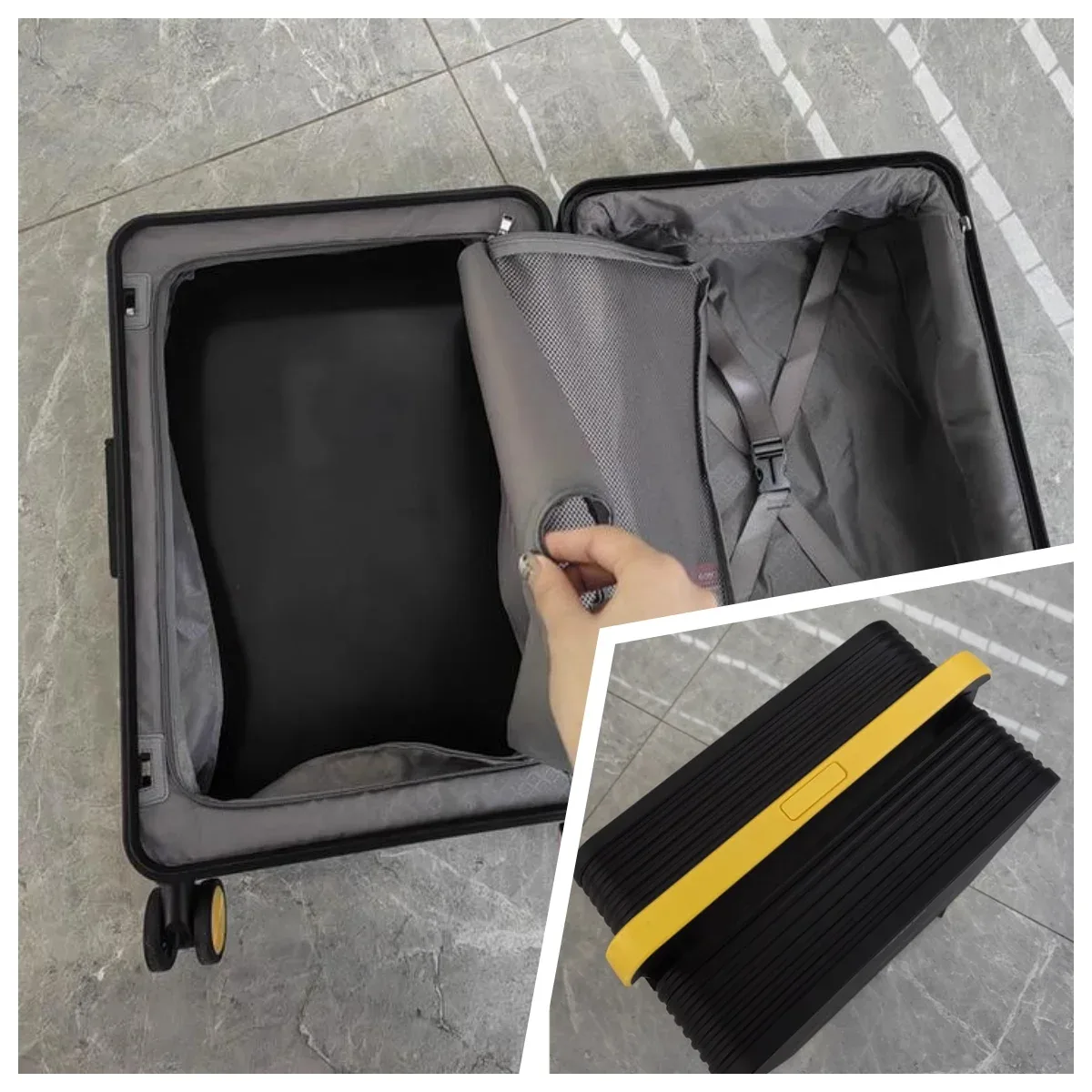 valise pc jaune noir gris système tsa serrure poignée large roues toupie compacts voyage organisés segurança modernes linhas verticale façade contraste efficace intérieur compartiments