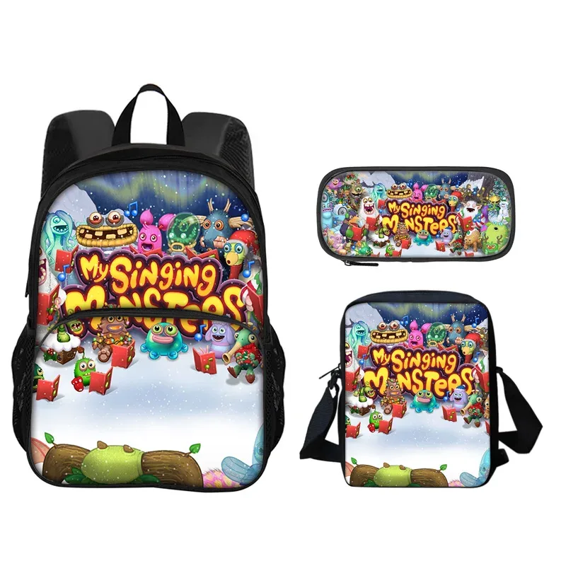sac à dos my singing monsters, sac à stylos, sac à bandoulière, ensemble de 3 pièces imprimé pour garçons et filles de maternelle et d'école primaire